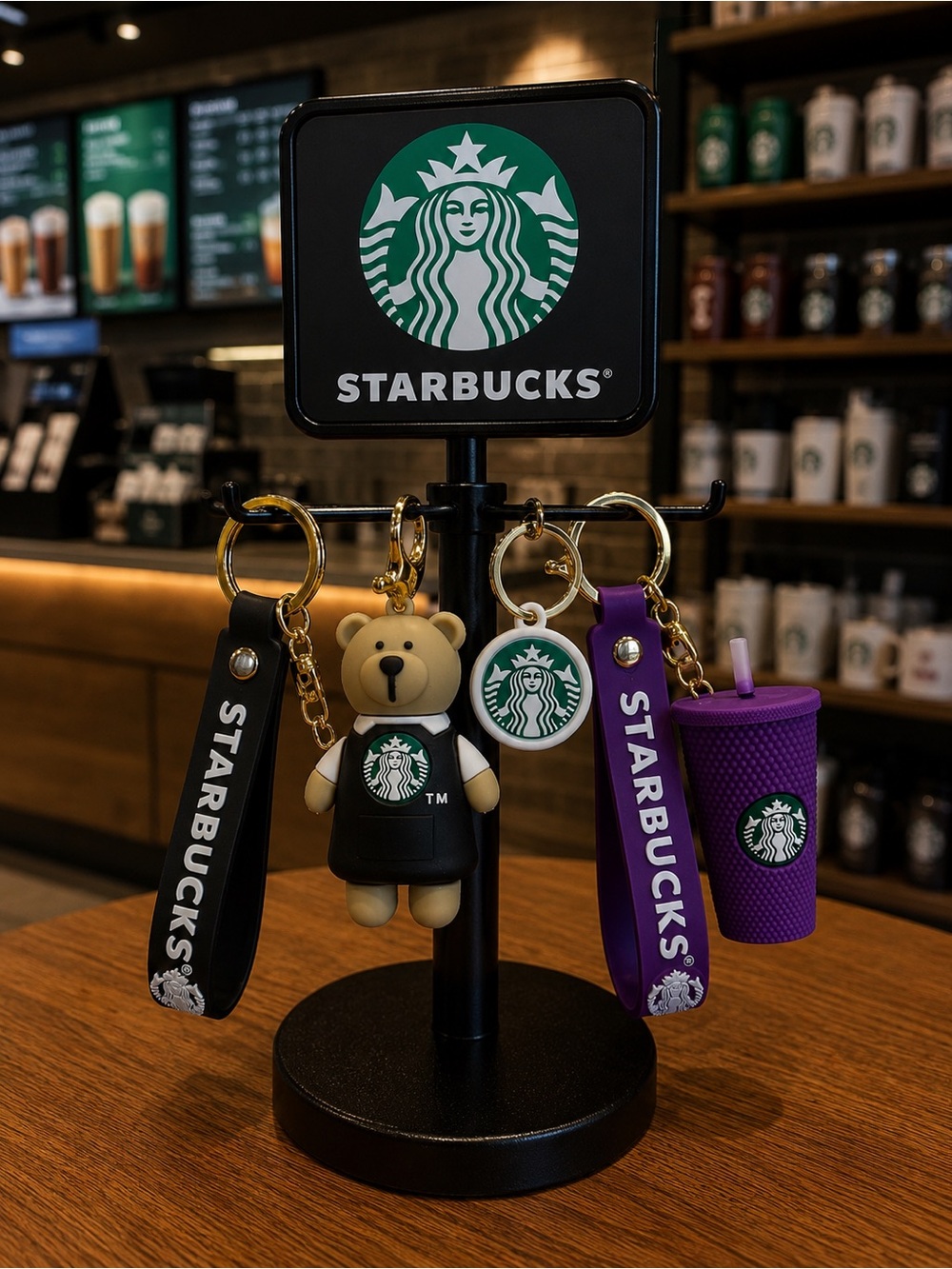 Starbucks Bearista Keychain Set with Black Bear Charm & Purple Tumbler